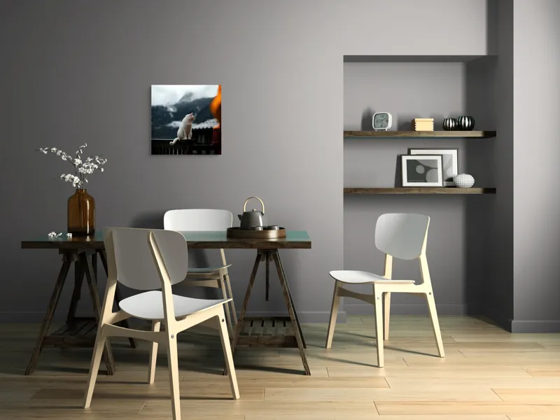Tablou Canvas, "Pisica albă în munți înzăpeziți", Pisică, Albă, Balustradă, Munți, Nori, Peisaj, Calm, Rece, Frumusețe, Natural., 50 x 50 cm – poza 8