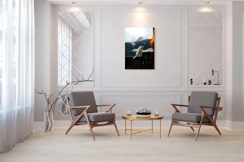 Tablou Canvas, "Pisica albă în munți înzăpeziți", Pisică, Albă, Balustradă, Munți, Nori, Peisaj, Calm, Rece, Frumusețe, Natural., 70 x 100 cm – poza 8