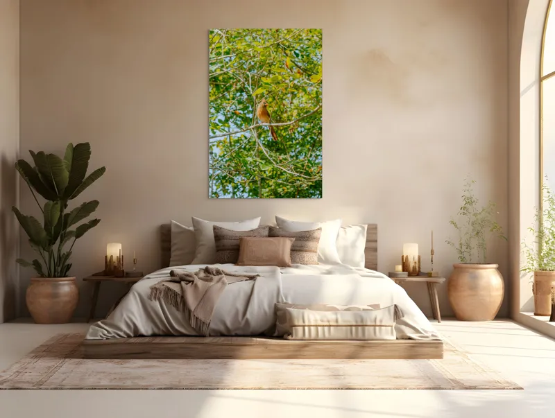 Tablou Canvas, "Pasăre cântătoare în frunzișul verde", Verde, Frunziș, Pasăre, Ramuri, Cer, Natură, Primăvară, 100 x 150 cm – poza 3