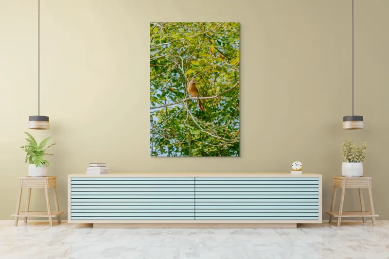Tablou Canvas, "Pasăre cântătoare în frunzișul verde", Verde, Frunziș, Pasăre, Ramuri, Cer, Natură, Primăvară, 100 x 150 cm – poza 4