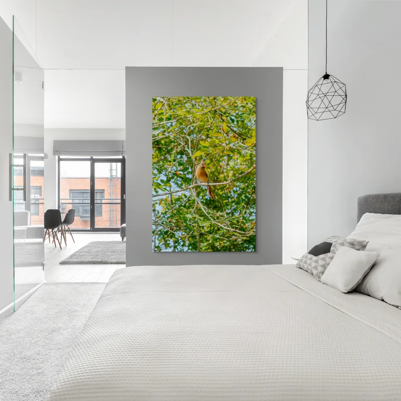 Tablou Canvas, "Pasăre cântătoare în frunzișul verde", Verde, Frunziș, Pasăre, Ramuri, Cer, Natură, Primăvară, 100 x 150 cm – poza 5