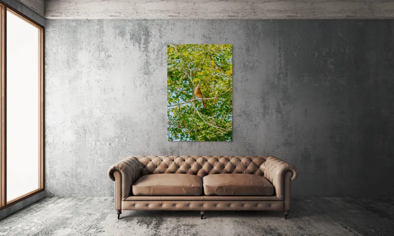Tablou Canvas, "Pasăre cântătoare în frunzișul verde", Verde, Frunziș, Pasăre, Ramuri, Cer, Natură, Primăvară, 100 x 150 cm – poza 6