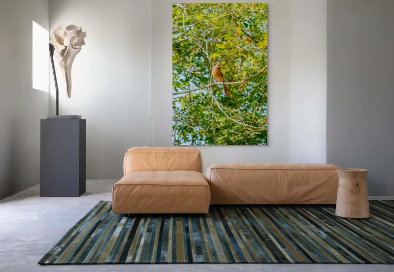 Tablou Canvas, "Pasăre cântătoare în frunzișul verde", Verde, Frunziș, Pasăre, Ramuri, Cer, Natură, Primăvară, 100 x 150 cm – poza 7