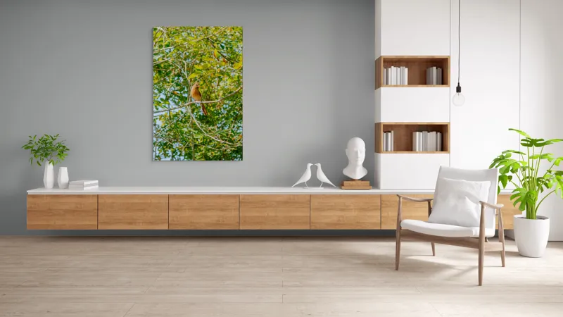 Tablou Canvas, "Pasăre cântătoare în frunzișul verde", Verde, Frunziș, Pasăre, Ramuri, Cer, Natură, Primăvară, 100 x 150 cm – poza 8