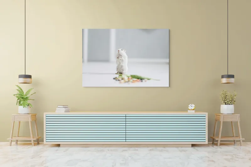 Tablou Canvas, "Un hamster explorând împrejurimile casei", Neștiind Cine Este, Mic, Blănos, Isteț, Curios, Delicat, Drăguț, Fragil, Alb, Șoricesc., 150 x 100 cm – poza 6