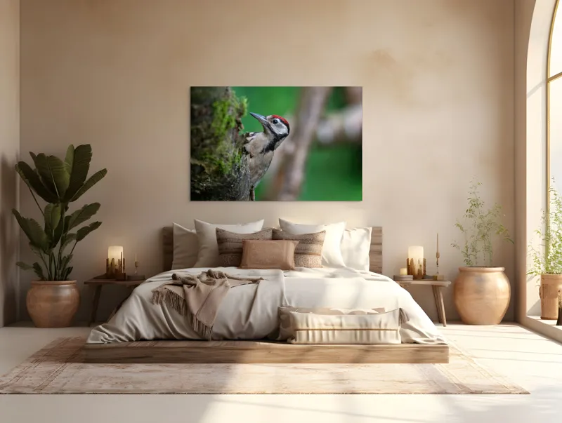 Tablou Canvas, "Ciocănitoarea pădurii verzi și vii", Ciocănitoare, Copac, Verdeață, Pene, Natură, Liniște, Observare, Viețuitoare, 150 x 100 cm – poza 4