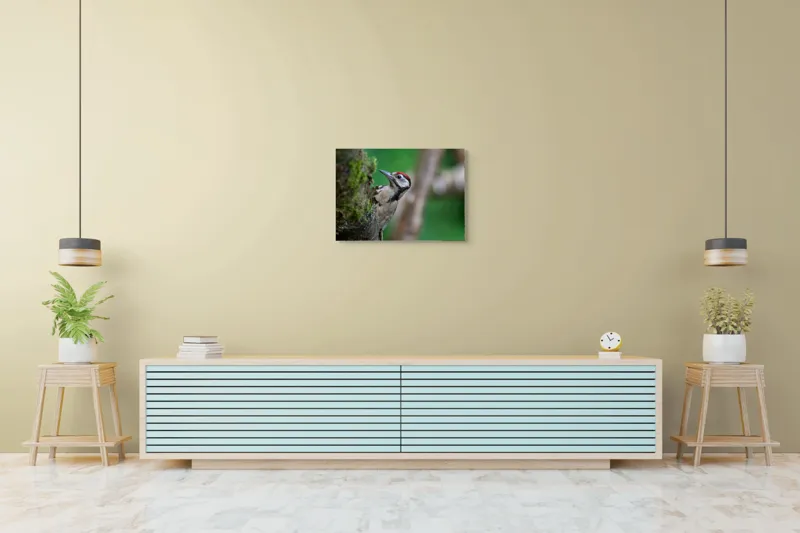 Tablou Canvas, "Ciocănitoarea pădurii verzi și vii", Ciocănitoare, Copac, Verdeață, Pene, Natură, Liniște, Observare, Viețuitoare, 70 x 50 cm – poza 7