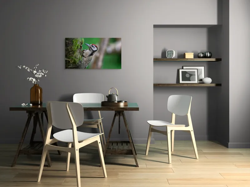 Tablou Canvas, "Ciocănitoarea pădurii verzi și vii", Ciocănitoare, Copac, Verdeață, Pene, Natură, Liniște, Observare, Viețuitoare, 90 x 50 cm – poza 3