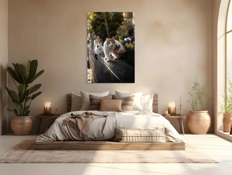 Tablou Canvas, "Trei pisici explorând gardul însorit", Pisici, Zid, Soare, Verdeață, Blăniță, Atenție, Agilitate, Stradă, 100 x 150 cm – poza 3
