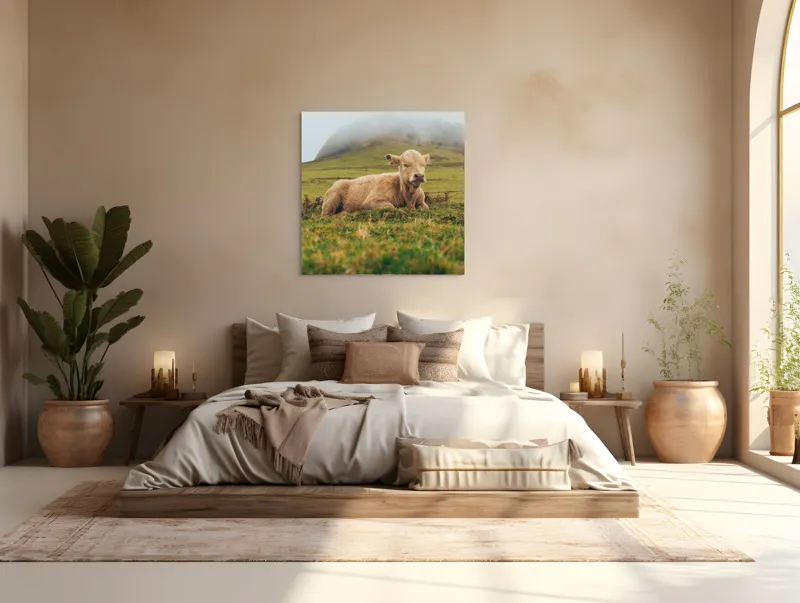 Tablou Canvas, "Vițel odihnindu-se pe câmp verde", Vacă, Câmpie, Ceață, Deal, Iarbă, Liniște, Natură, 100 x 100 cm – poza 4