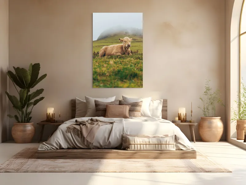 Tablou Canvas, "Vițel odihnindu-se pe câmp verde", Vacă, Câmpie, Ceață, Deal, Iarbă, Liniște, Natură, 100 x 150 cm – poza 3