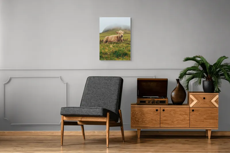 Tablou Canvas, "Vițel odihnindu-se pe câmp verde", Vacă, Câmpie, Ceață, Deal, Iarbă, Liniște, Natură, 50 x 70 cm – poza 8