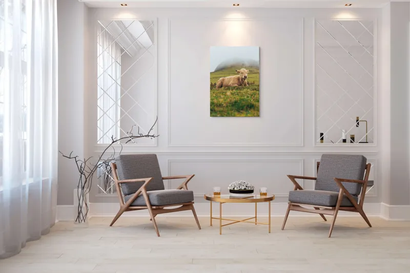 Tablou Canvas, "Vițel odihnindu-se pe câmp verde", Vacă, Câmpie, Ceață, Deal, Iarbă, Liniște, Natură, 70 x 100 cm – poza 8