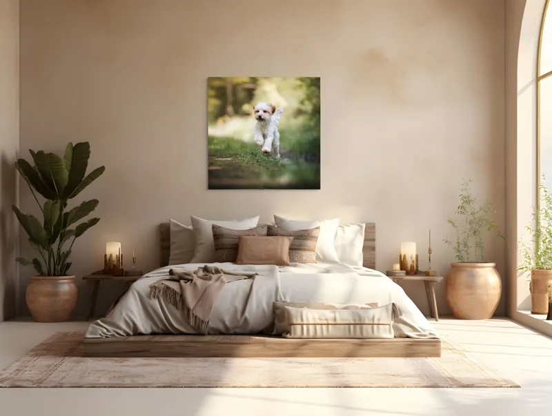 Tablou Canvas, "Alergarea fericită a cățelului alb", Căţel, Pădure, Verdeaţă, Zâmbet, Energie, Libertate, Fericire, Norişor., 100 x 100 cm – poza 4
