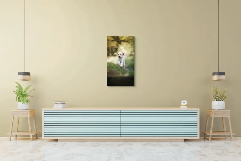 Tablou Canvas, "Alergarea fericită a cățelului alb", Căţel, Pădure, Verdeaţă, Zâmbet, Energie, Libertate, Fericire, Norişor., 50 x 90 cm – poza 6