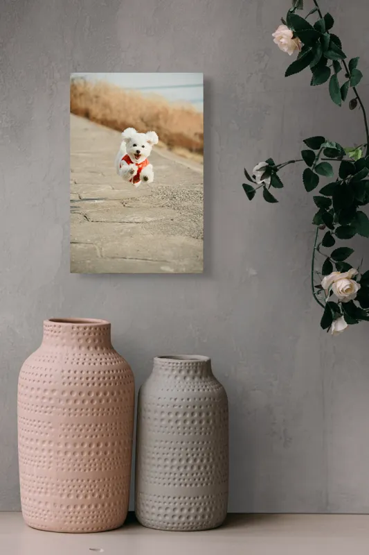 Tablou Canvas, "Zborul fericit al cățelului alb", Fluffy, Energetic, Joyful, Playful, Excited, Adorable, 26 x 39 cm – poza 6