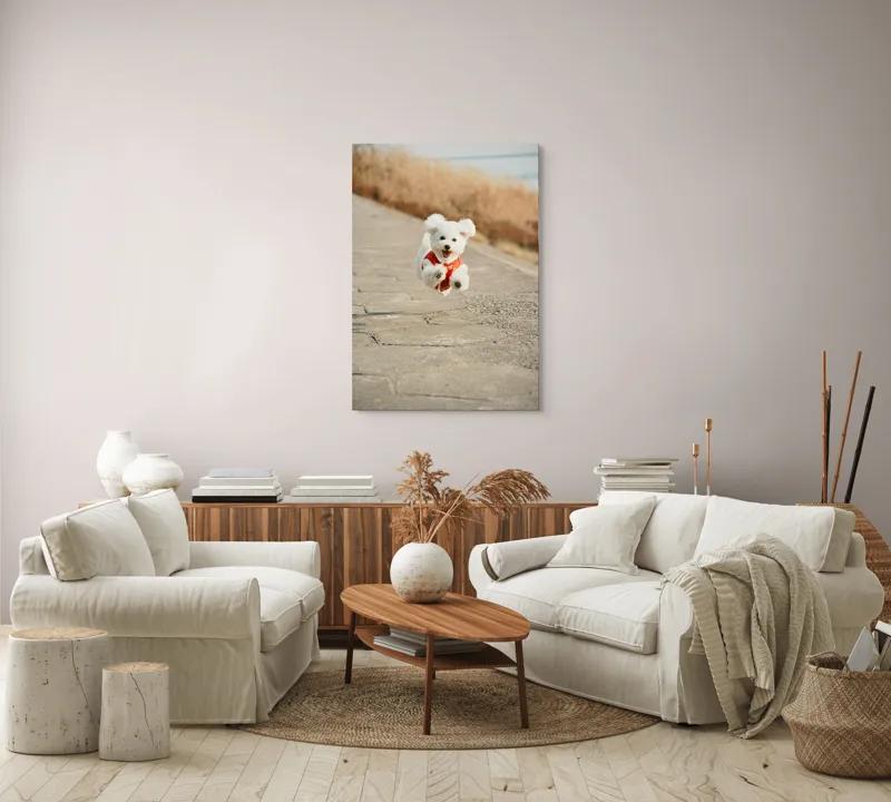 Tablou Canvas, "Zborul fericit al cățelului alb", Fluffy, Energetic, Joyful, Playful, Excited, Adorable, 70 x 100 cm – poza 4