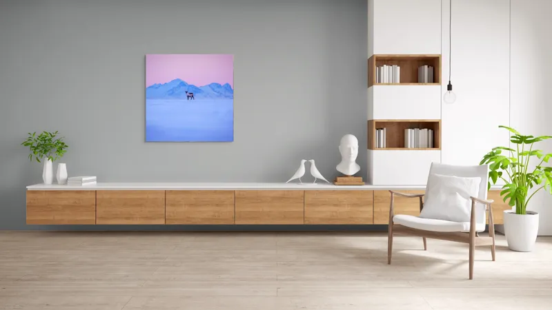 Tablou Canvas, "Renul singuratic în amurg înghețat", Cer, Munți, Ren, Zăpadă, Apus, Liniște, Izolare, Frumusețe, Răceală, Serenitate., 100 x 100 cm – poza 8