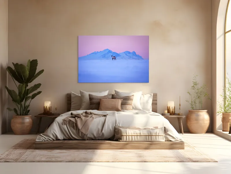Tablou Canvas, "Renul singuratic în amurg înghețat", Cer, Munți, Ren, Zăpadă, Apus, Liniște, Izolare, Frumusețe, Răceală, Serenitate., 150 x 100 cm – poza 4