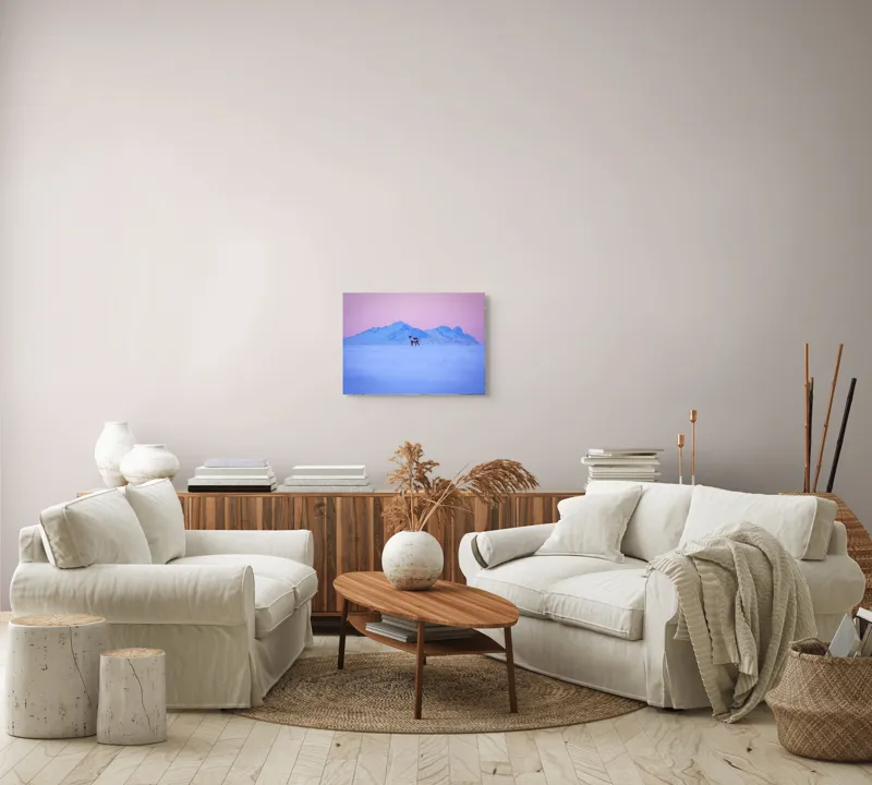 Tablou Canvas, "Renul singuratic în amurg înghețat", Cer, Munți, Ren, Zăpadă, Apus, Liniște, Izolare, Frumusețe, Răceală, Serenitate., 54 x 39 cm – poza 5
