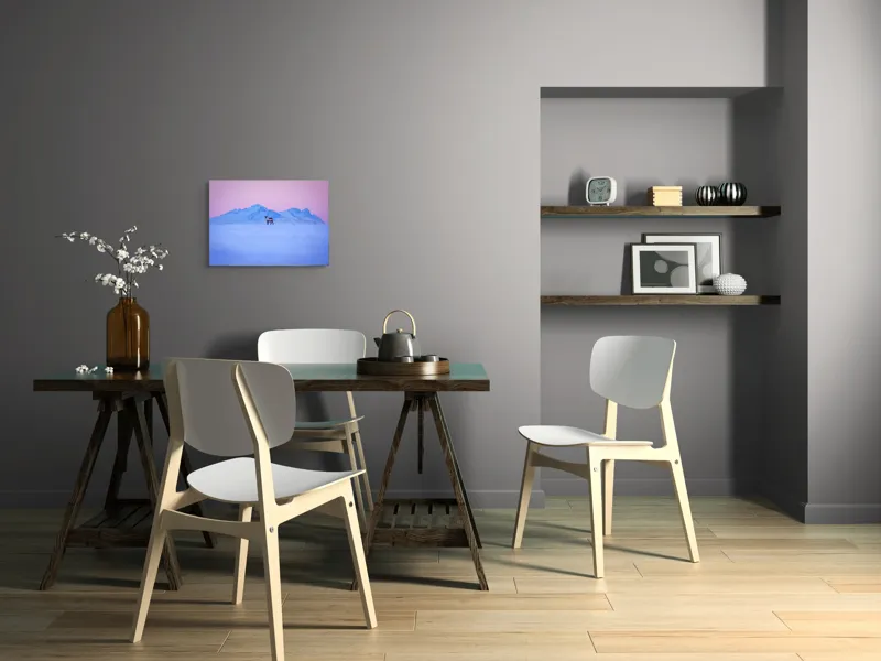 Tablou Canvas, "Renul singuratic în amurg înghețat", Cer, Munți, Ren, Zăpadă, Apus, Liniște, Izolare, Frumusețe, Răceală, Serenitate., 54 x 39 cm – poza 6