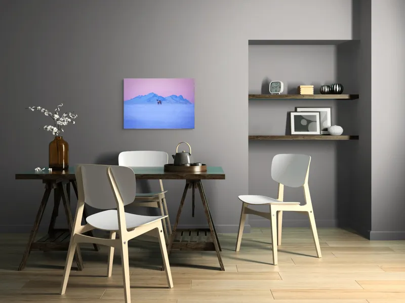 Tablou Canvas, "Renul singuratic în amurg înghețat", Cer, Munți, Ren, Zăpadă, Apus, Liniște, Izolare, Frumusețe, Răceală, Serenitate., 70 x 50 cm – poza 5