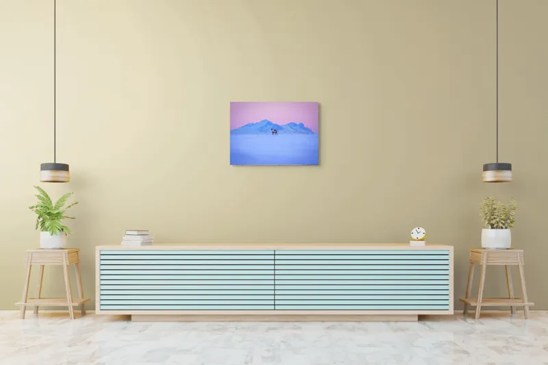 Tablou Canvas, "Renul singuratic în amurg înghețat", Cer, Munți, Ren, Zăpadă, Apus, Liniște, Izolare, Frumusețe, Răceală, Serenitate., 70 x 50 cm – poza 7