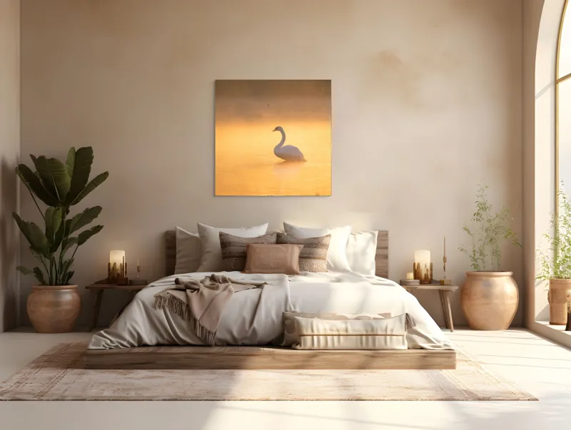 Tablou Canvas, "Lebăda în lumina dimineții aurii", Grație, Serenitate, Lumină, Reflecție, Răsărit, Apă, Siluetă, Ceață., 100 x 100 cm – poza 4