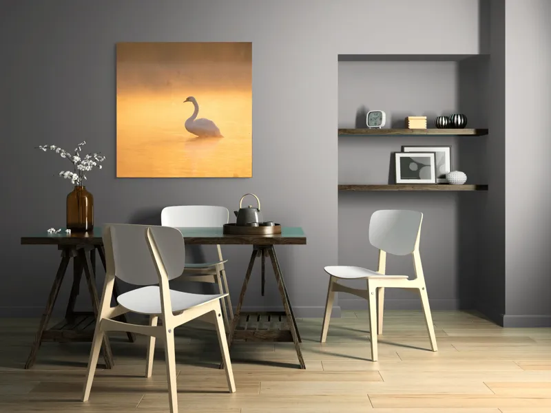 Tablou Canvas, "Lebăda în lumina dimineții aurii", Grație, Serenitate, Lumină, Reflecție, Răsărit, Apă, Siluetă, Ceață., 100 x 100 cm – poza 6