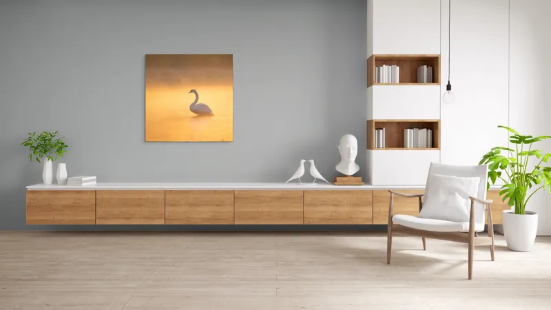 Tablou Canvas, "Lebăda în lumina dimineții aurii", Grație, Serenitate, Lumină, Reflecție, Răsărit, Apă, Siluetă, Ceață., 100 x 100 cm – poza 8