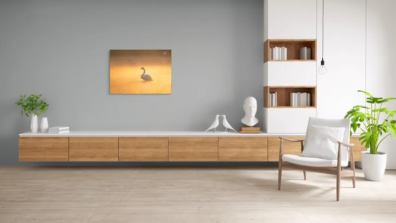 Tablou Canvas, "Lebăda în lumina dimineții aurii", Grație, Serenitate, Lumină, Reflecție, Răsărit, Apă, Siluetă, Ceață., 100 x 70 cm – poza 6