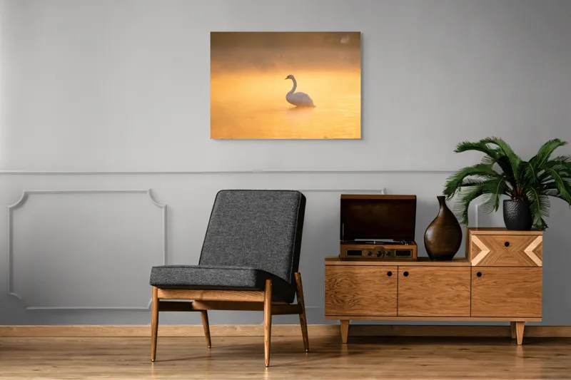 Tablou Canvas, "Lebăda în lumina dimineții aurii", Grație, Serenitate, Lumină, Reflecție, Răsărit, Apă, Siluetă, Ceață., 100 x 70 cm – poza 8