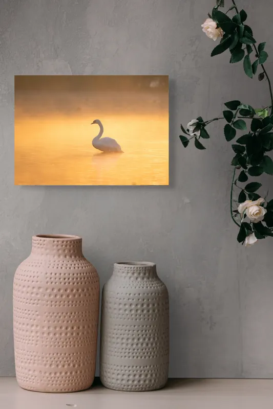 Tablou Canvas, "Lebăda în lumina dimineții aurii", Grație, Serenitate, Lumină, Reflecție, Răsărit, Apă, Siluetă, Ceață., 54 x 39 cm – poza 8