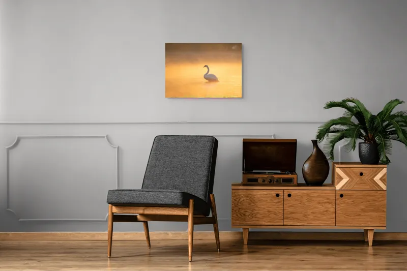 Tablou Canvas, "Lebăda în lumina dimineții aurii", Grație, Serenitate, Lumină, Reflecție, Răsărit, Apă, Siluetă, Ceață., 70 x 50 cm – poza 4