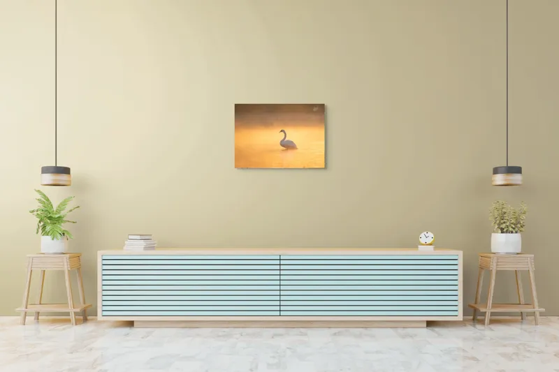 Tablou Canvas, "Lebăda în lumina dimineții aurii", Grație, Serenitate, Lumină, Reflecție, Răsărit, Apă, Siluetă, Ceață., 70 x 50 cm – poza 7