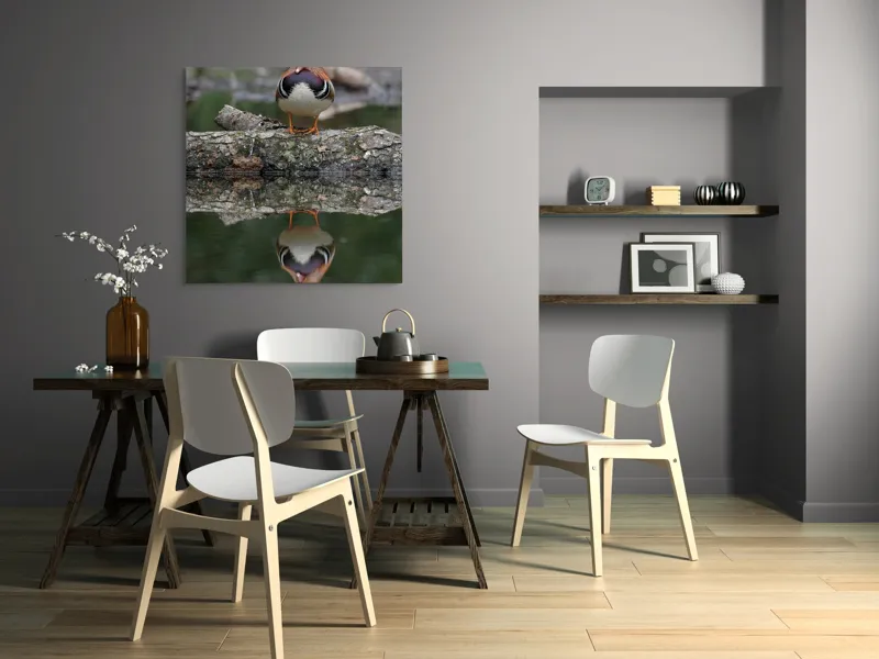 Tablou Canvas, "Rața mandarin pe oglinda apei", Rață, Reflecție, Apă, Culoare, Frumusețe, Simetrie, Natură, Lemn., 100 x 100 cm – poza 6