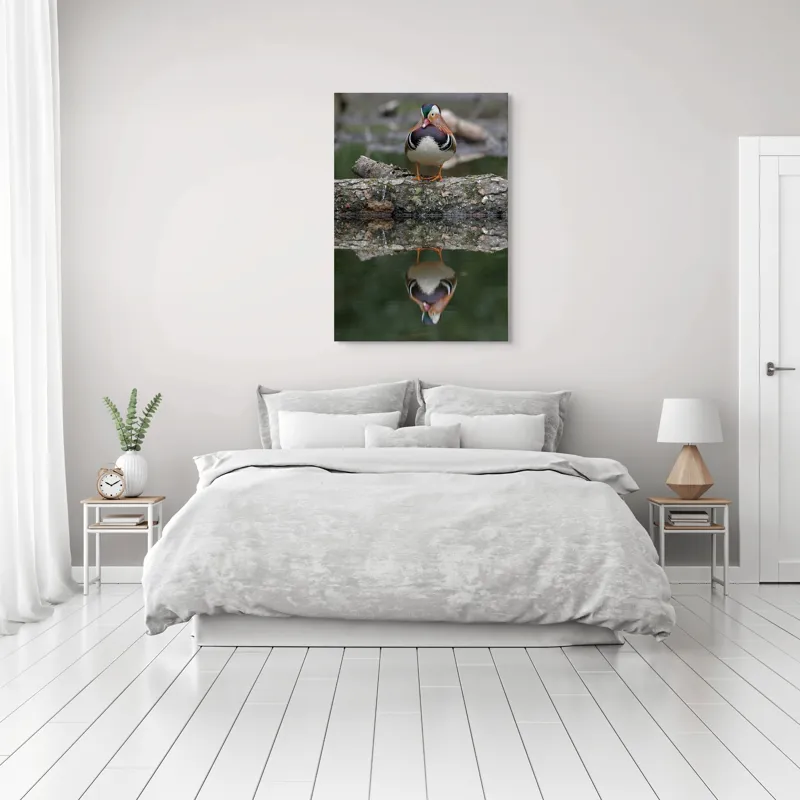 Tablou Canvas, "Rața mandarin pe oglinda apei", Rață, Reflecție, Apă, Culoare, Frumusețe, Simetrie, Natură, Lemn., 70 x 100 cm – poza 3