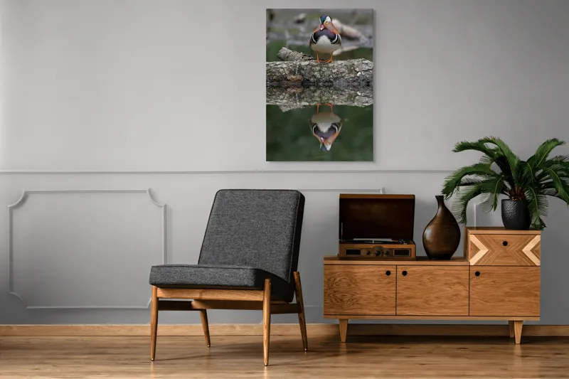 Tablou Canvas, "Rața mandarin pe oglinda apei", Rață, Reflecție, Apă, Culoare, Frumusețe, Simetrie, Natură, Lemn., 70 x 100 cm – poza 6