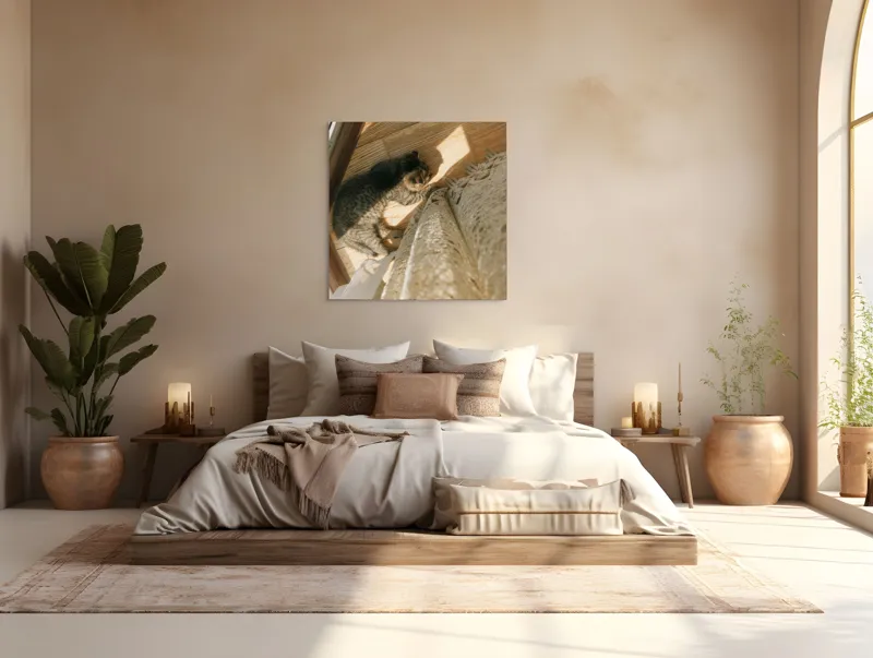 Tablou Canvas, "Pisica torcând la soare pe podea", Pisică, Lumină, Podea, Umbră, Draperie, Relaxare, Blană, Lemn, 100 x 100 cm – poza 4