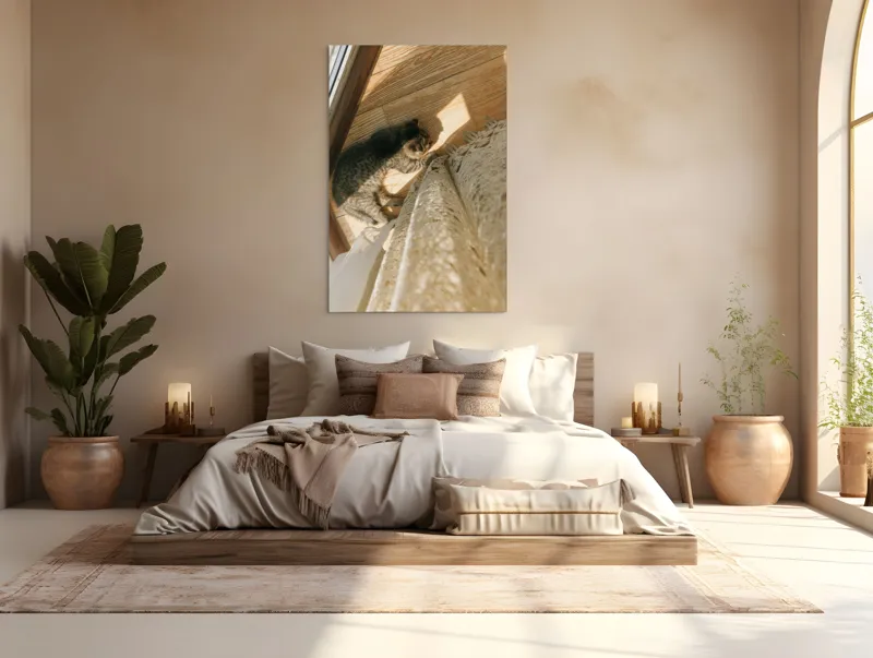 Tablou Canvas, "Pisica torcând la soare pe podea", Pisică, Lumină, Podea, Umbră, Draperie, Relaxare, Blană, Lemn, 100 x 150 cm – poza 3
