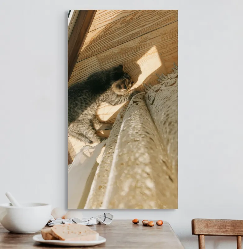 Tablou Canvas, "Pisica torcând la soare pe podea", Pisică, Lumină, Podea, Umbră, Draperie, Relaxare, Blană, Lemn, 50 x 90 cm – poza 3