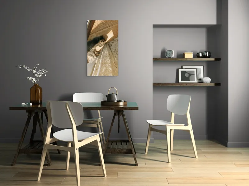 Tablou Canvas, "Pisica torcând la soare pe podea", Pisică, Lumină, Podea, Umbră, Draperie, Relaxare, Blană, Lemn, 50 x 90 cm – poza 4