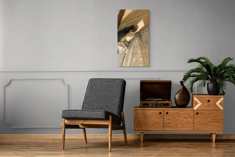 Tablou Canvas, "Pisica torcând la soare pe podea", Pisică, Lumină, Podea, Umbră, Draperie, Relaxare, Blană, Lemn, 50 x 90 cm – poza 8