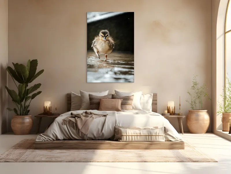 Tablou Canvas, "Rățușca pe drumul umed al vieții", Pui, Rață, Apă, Mers, Blană, Pene, Ochisori, Drăgălaș, Primăvară, Mic, Natură, Umede, Piciorușe, Reflecție, Sclipire, 100 x 150 cm – poza 3
