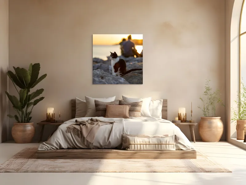 Tablou Canvas, "Pisica la apus pe malul mării", Pisică, Apus, Stânci, Siluetă, Natură, Lumină, Relaxare, 100 x 100 cm – poza 4