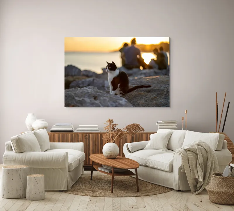 Tablou Canvas, "Pisica la apus pe malul mării", Pisică, Apus, Stânci, Siluetă, Natură, Lumină, Relaxare, 150 x 100 cm – poza 3