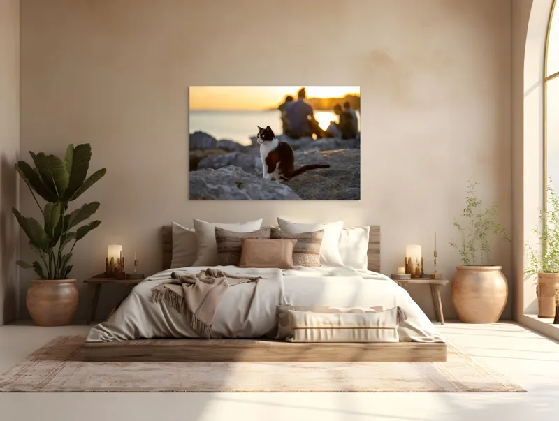 Tablou Canvas, "Pisica la apus pe malul mării", Pisică, Apus, Stânci, Siluetă, Natură, Lumină, Relaxare, 150 x 100 cm – poza 4