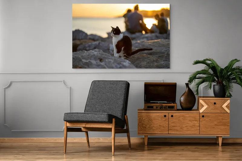 Tablou Canvas, "Pisica la apus pe malul mării", Pisică, Apus, Stânci, Siluetă, Natură, Lumină, Relaxare, 150 x 100 cm – poza 8