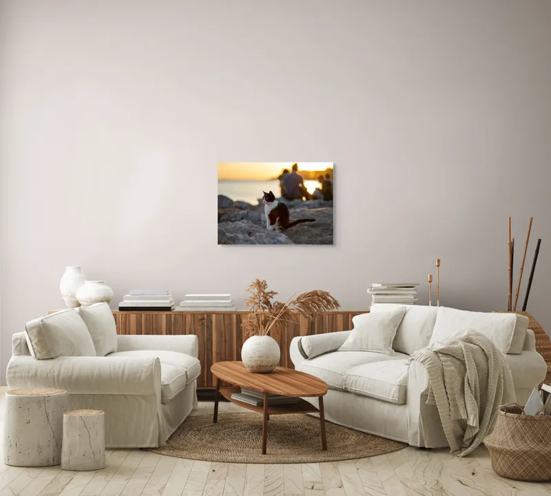Tablou Canvas, "Pisica la apus pe malul mării", Pisică, Apus, Stânci, Siluetă, Natură, Lumină, Relaxare, 70 x 50 cm – poza 6