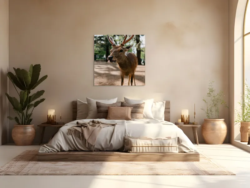Tablou Canvas, "Misteriosul cerb în lumina pădurii", Cerb, Pădure, Soare, Iluminare, Coarne, Natură, Frunze, Umbră, Libertate, Privire, 100 x 100 cm – poza 4